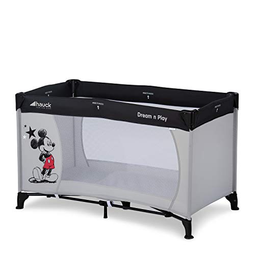 Hauck Disney Reisebett Dream N Play 120 x 60 cm, für Babys und Kinder ab Geburt bis 15 kg, Leicht, Kompakt Faltbar, Inklusive Transporttasche und Faltboden, Mickey Stars Grau